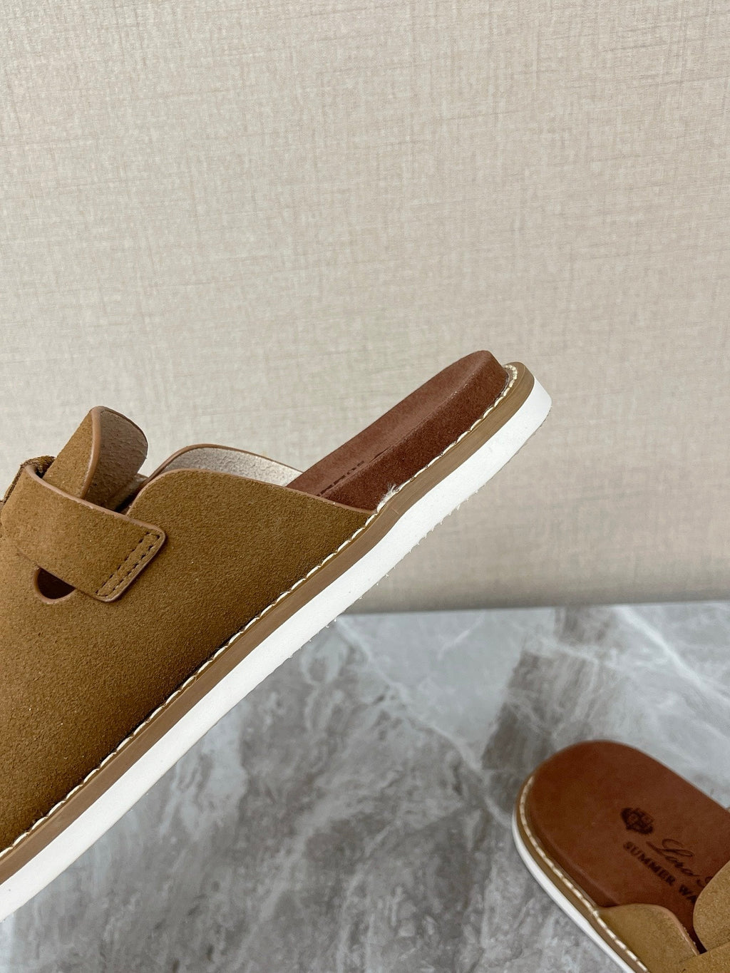 LP 26S LOCK CHARM SLIDES IN OLIVE BROWN SUEDE SILVER HARDWARE