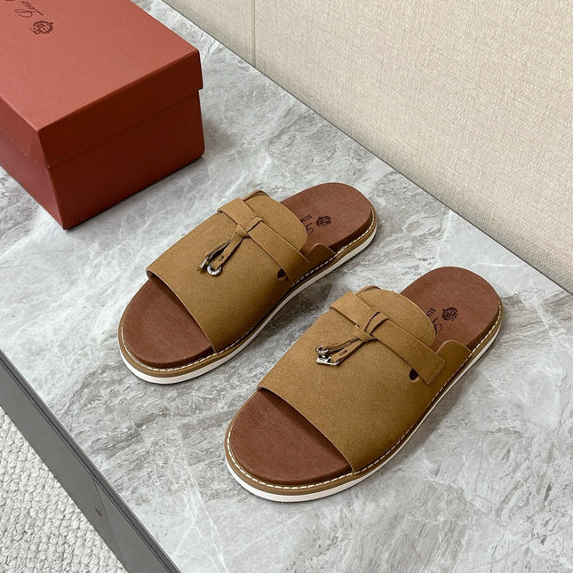 LP 26S LOCK CHARM SLIDES IN OLIVE BROWN SUEDE SILVER HARDWARE