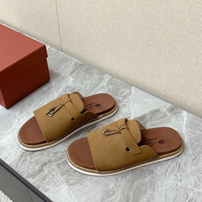 LP 26S LOCK CHARM SLIDES IN OLIVE BROWN SUEDE SILVER HARDWARE