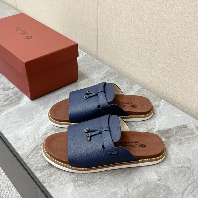 LP 26S LOCK CHARM SLIDES IN NAVY BLUE CALFSKIN SILVER HARDWARE