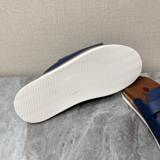 LP 26S LOCK CHARM SLIDES IN NAVY BLUE CALFSKIN SILVER HARDWARE