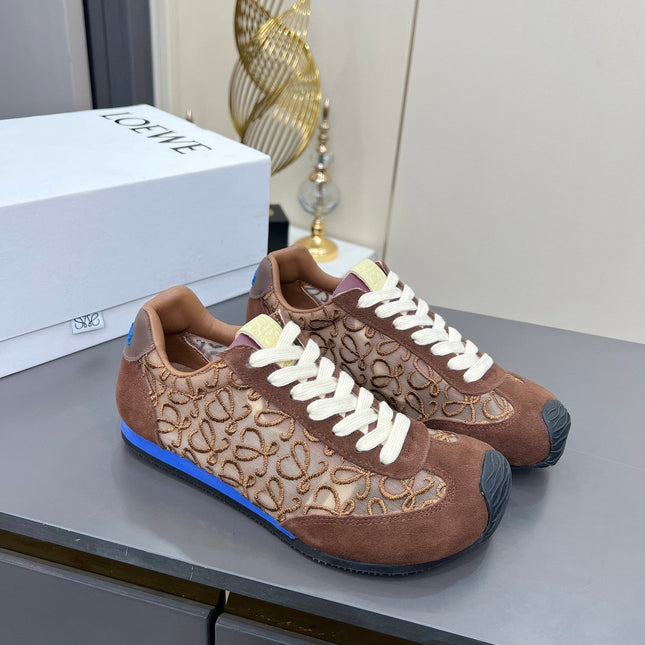 LOEWE 26S RUNNER 2.0 SNEAKERS IN DARK BROWN SUEDE AND ANAGRAM JACQUARD