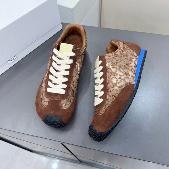LOEWE 26S RUNNER 2.0 SNEAKERS IN DARK BROWN SUEDE AND ANAGRAM JACQUARD