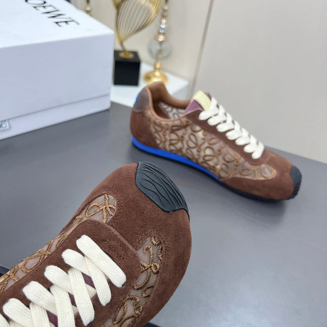 LOEWE 26S RUNNER 2.0 SNEAKERS IN DARK BROWN SUEDE AND ANAGRAM JACQUARD