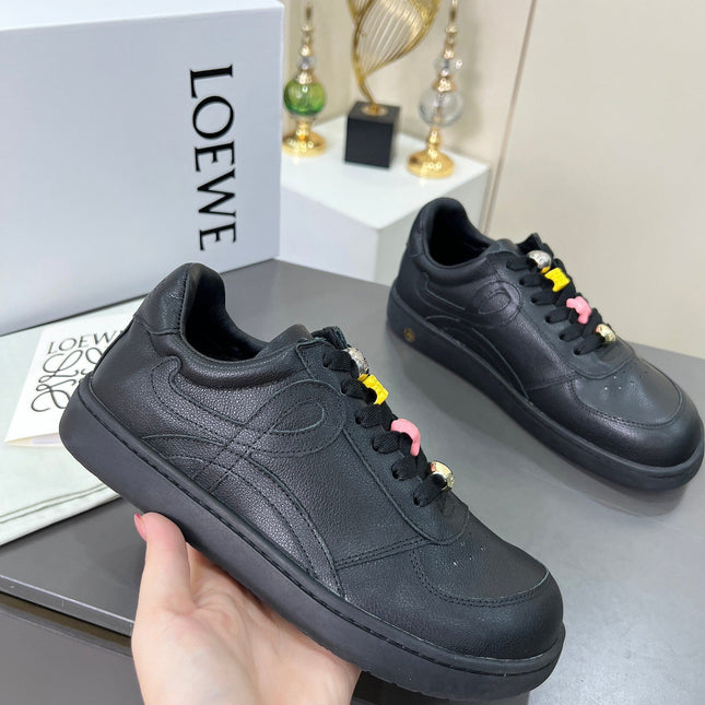 LOEWE 26S LOW TOP SNEAKERS IN BLACK CALFSKIN WITH CHARM LACES