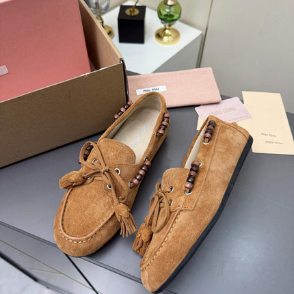 MIUMIU 26S TASSEL LOAFERS IN CARAMEL BROWN SUEDE BEADED TRIM