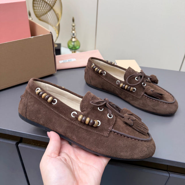 MIUMIU 26S TASSEL LOAFERS IN DARK BROWN SUEDE BEADED TRIM
