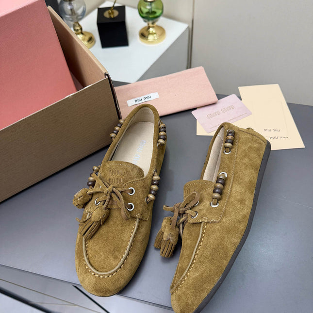 MIUMIU 26S TASSEL LOAFERS IN OLIVE BROWN SUEDE BEADED TRIM