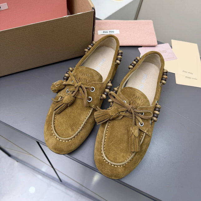 MIUMIU 26S TASSEL LOAFERS IN OLIVE BROWN SUEDE BEADED TRIM