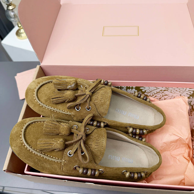 MIUMIU 26S TASSEL LOAFERS IN OLIVE BROWN SUEDE BEADED TRIM