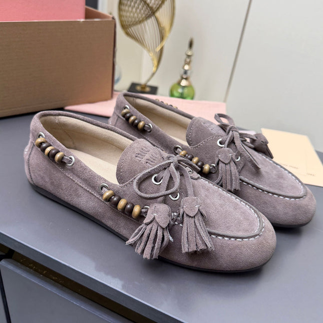 MIUMIU 26S TASSEL LOAFERS IN TAUPE BROWN SUEDE BEADED TRIM