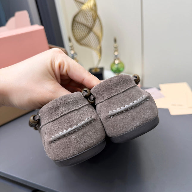 MIUMIU 26S TASSEL LOAFERS IN TAUPE BROWN SUEDE BEADED TRIM