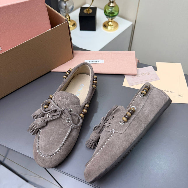 MIUMIU 26S TASSEL LOAFERS IN TAUPE BROWN SUEDE BEADED TRIM