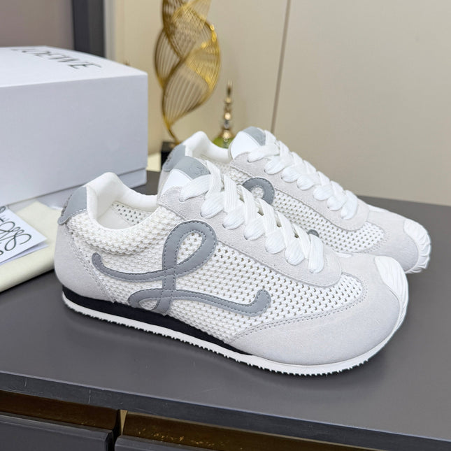 LOEWE 26S RUNNER 2.0 SNEAKERS IN LIGHT GREY SUEDE AND WHITE MESH FABRIC