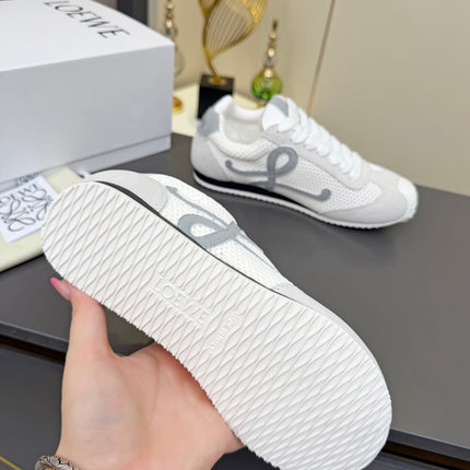 LOEWE 26S RUNNER 2.0 SNEAKERS IN LIGHT GREY SUEDE AND WHITE MESH FABRIC