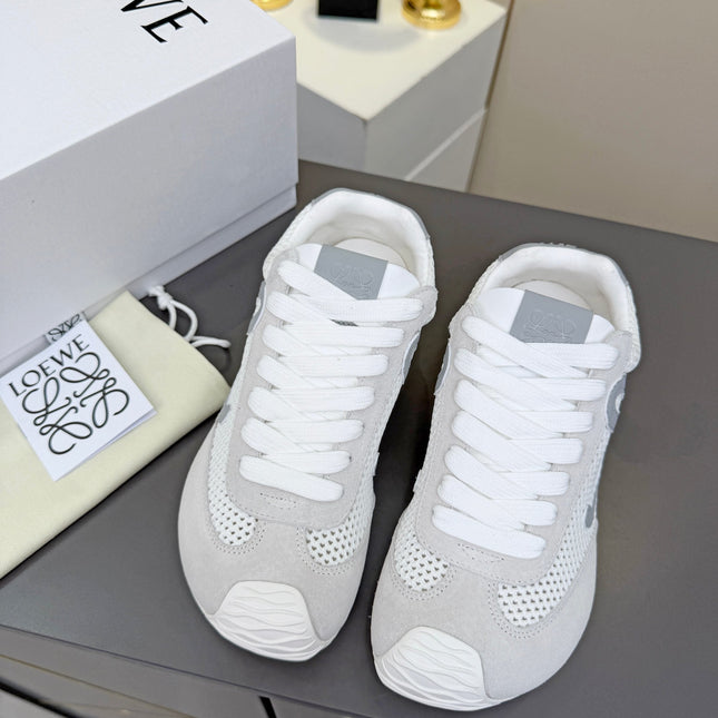 LOEWE 26S RUNNER 2.0 SNEAKERS IN LIGHT GREY SUEDE AND WHITE MESH FABRIC