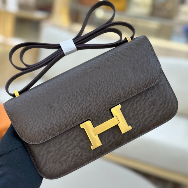 HM 25S CONSTANCE ELAN 24 CM IN DARK GREY BROWN EPSOM WITH GOLD HARDWARE