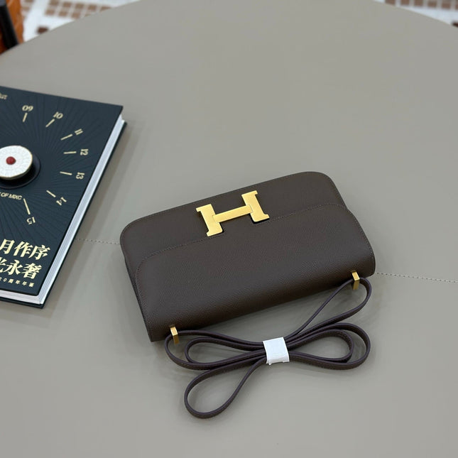HM 25S CONSTANCE ELAN 24 CM IN DARK GREY BROWN EPSOM WITH GOLD HARDWARE