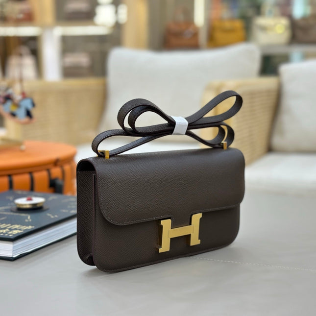 HM 25S CONSTANCE ELAN 24 CM IN DARK GREY BROWN EPSOM WITH GOLD HARDWARE