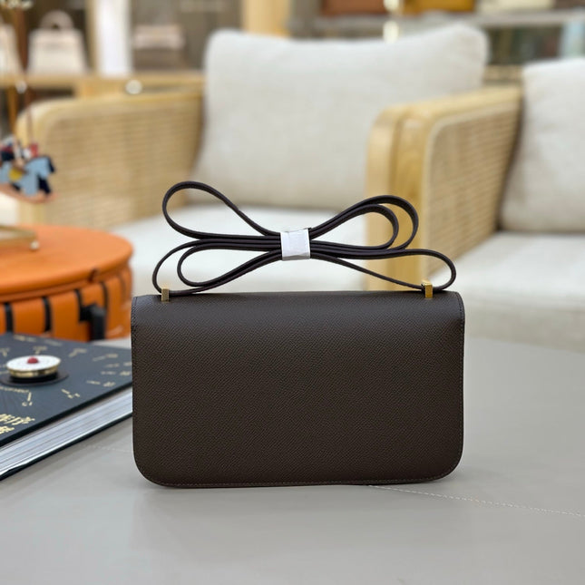 HM 25S CONSTANCE ELAN 24 CM IN DARK GREY BROWN EPSOM WITH GOLD HARDWARE