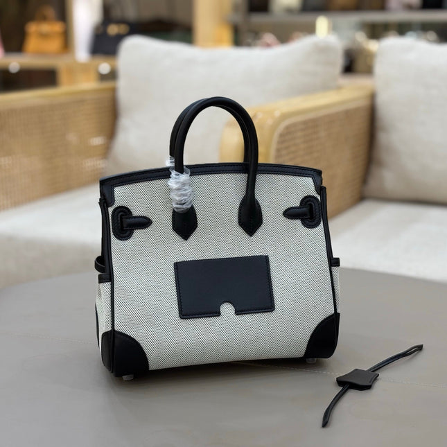 HM 25S BIRKIN CARGO 25 CM IN OFF-WHITE CANVAS AND BLACK SWIFT WITH SILVER HARDWARE