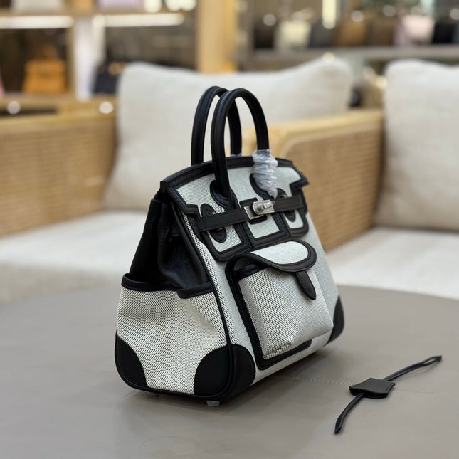 HM 25S BIRKIN CARGO 25 CM IN OFF-WHITE CANVAS AND BLACK SWIFT WITH SILVER HARDWARE