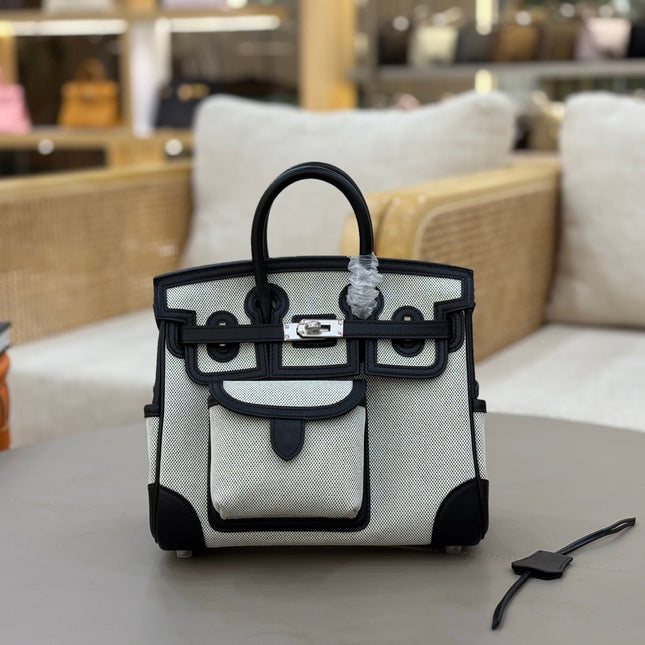 HM 25S BIRKIN CARGO 25 CM IN OFF-WHITE CANVAS AND BLACK SWIFT WITH SILVER HARDWARE