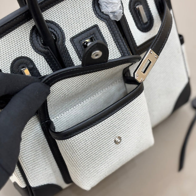 HM 25S BIRKIN CARGO 25 CM IN OFF-WHITE CANVAS AND BLACK SWIFT WITH SILVER HARDWARE