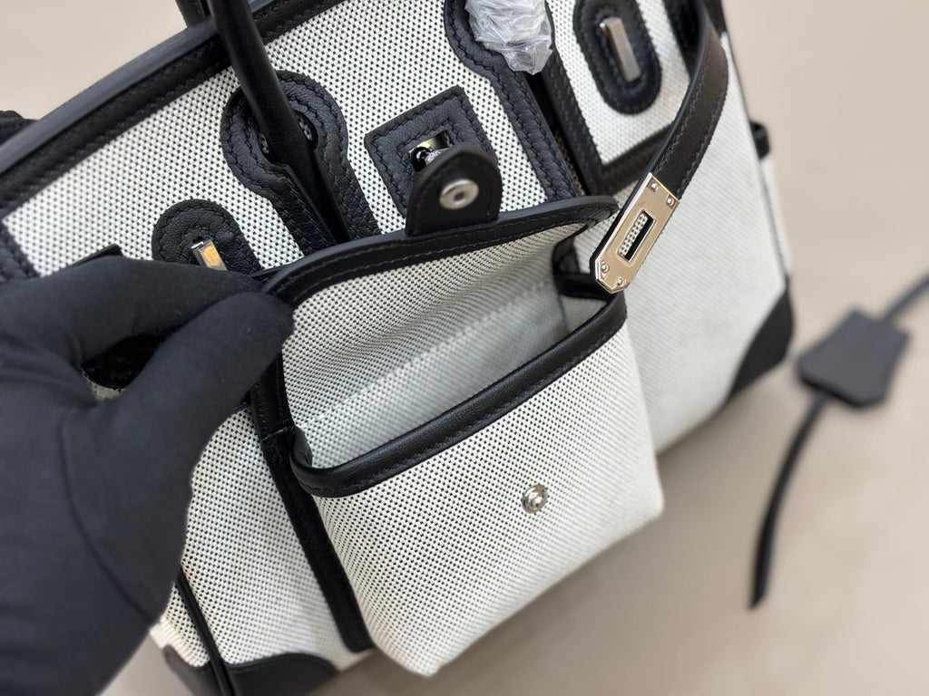 HM 25S BIRKIN CARGO 25 CM IN OFF-WHITE CANVAS AND BLACK SWIFT WITH SILVER HARDWARE
