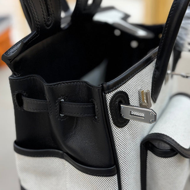 HM 25S BIRKIN CARGO 25 CM IN OFF-WHITE CANVAS AND BLACK SWIFT WITH SILVER HARDWARE