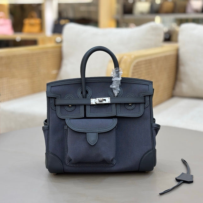 HM 25S BIRKIN CARGO 25 CM IN CHARCOAL BLUE CANVAS AND SWIFT WITH SILVER HARDWARE