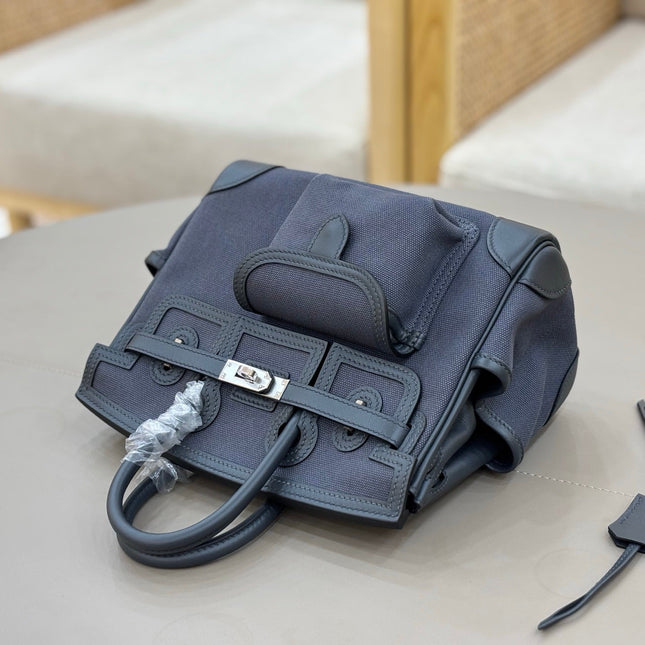 HM 25S BIRKIN CARGO 25 CM IN CHARCOAL BLUE CANVAS AND SWIFT WITH SILVER HARDWARE