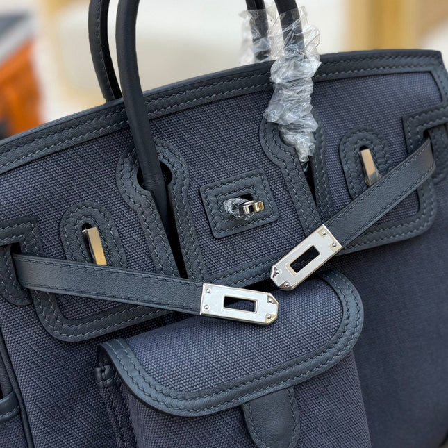 HM 25S BIRKIN CARGO 25 CM IN CHARCOAL BLUE CANVAS AND SWIFT WITH SILVER HARDWARE