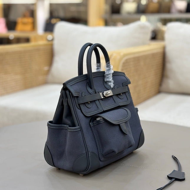 HM 25S BIRKIN CARGO 25 CM IN CHARCOAL BLUE CANVAS AND SWIFT WITH SILVER HARDWARE