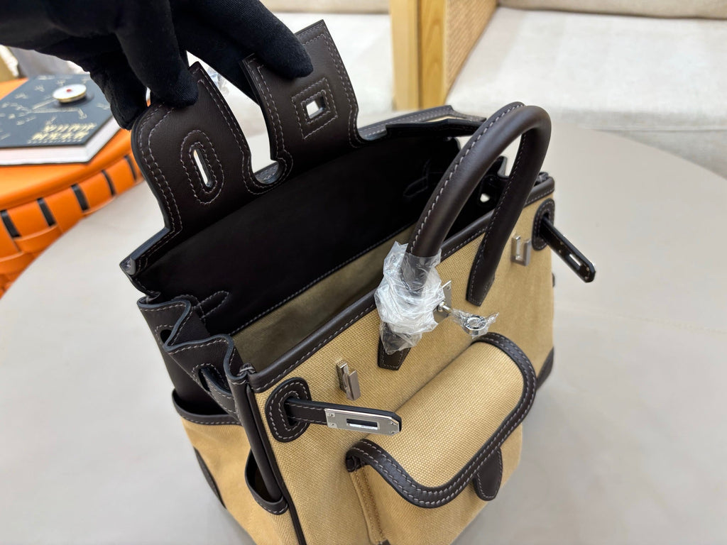 HM 25S BIRKIN CARGO 25 CM IN BEIGE CANVAS AND BLACK SWIFT WITH SILVER HARDWARE