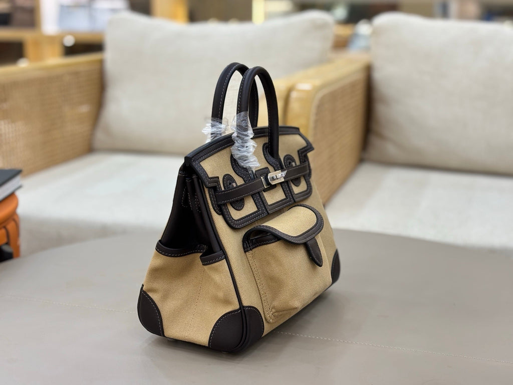 HM 25S BIRKIN CARGO 25 CM IN BEIGE CANVAS AND BLACK SWIFT WITH SILVER HARDWARE