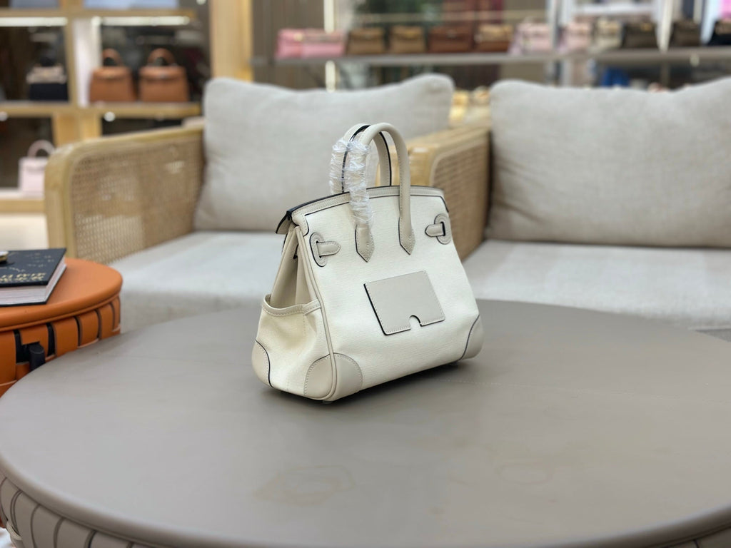 HM 25S BIRKIN CARGO 25 CM IN CREAM WHITE CANVAS AND SWIFT WITH SILVER HARDWARE