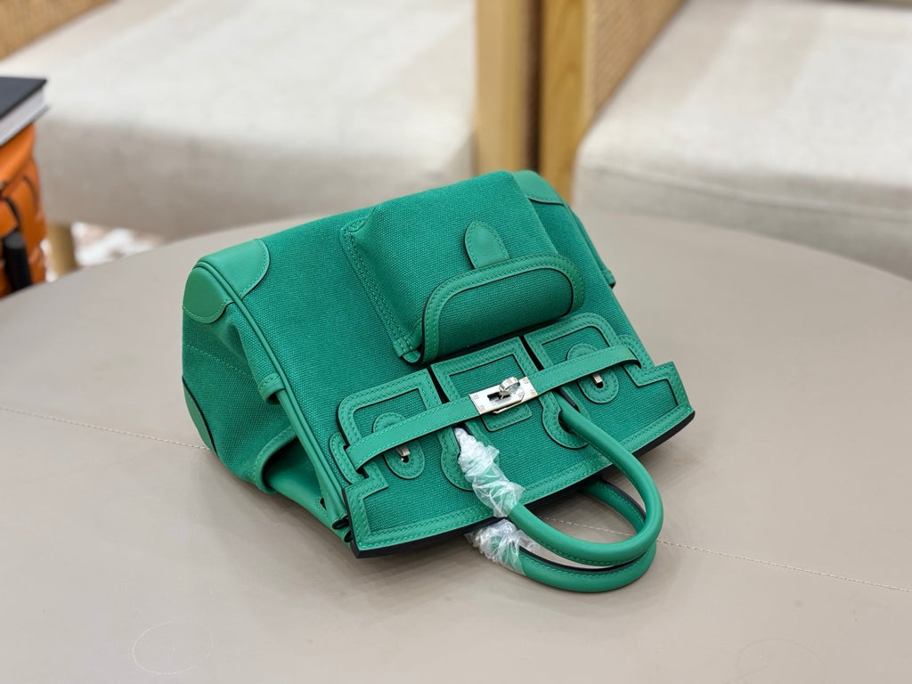 HM 25S BIRKIN CARGO 25 CM IN DARK JADE GREEN CANVAS AND SWIFT WITH SILVER HARDWARE