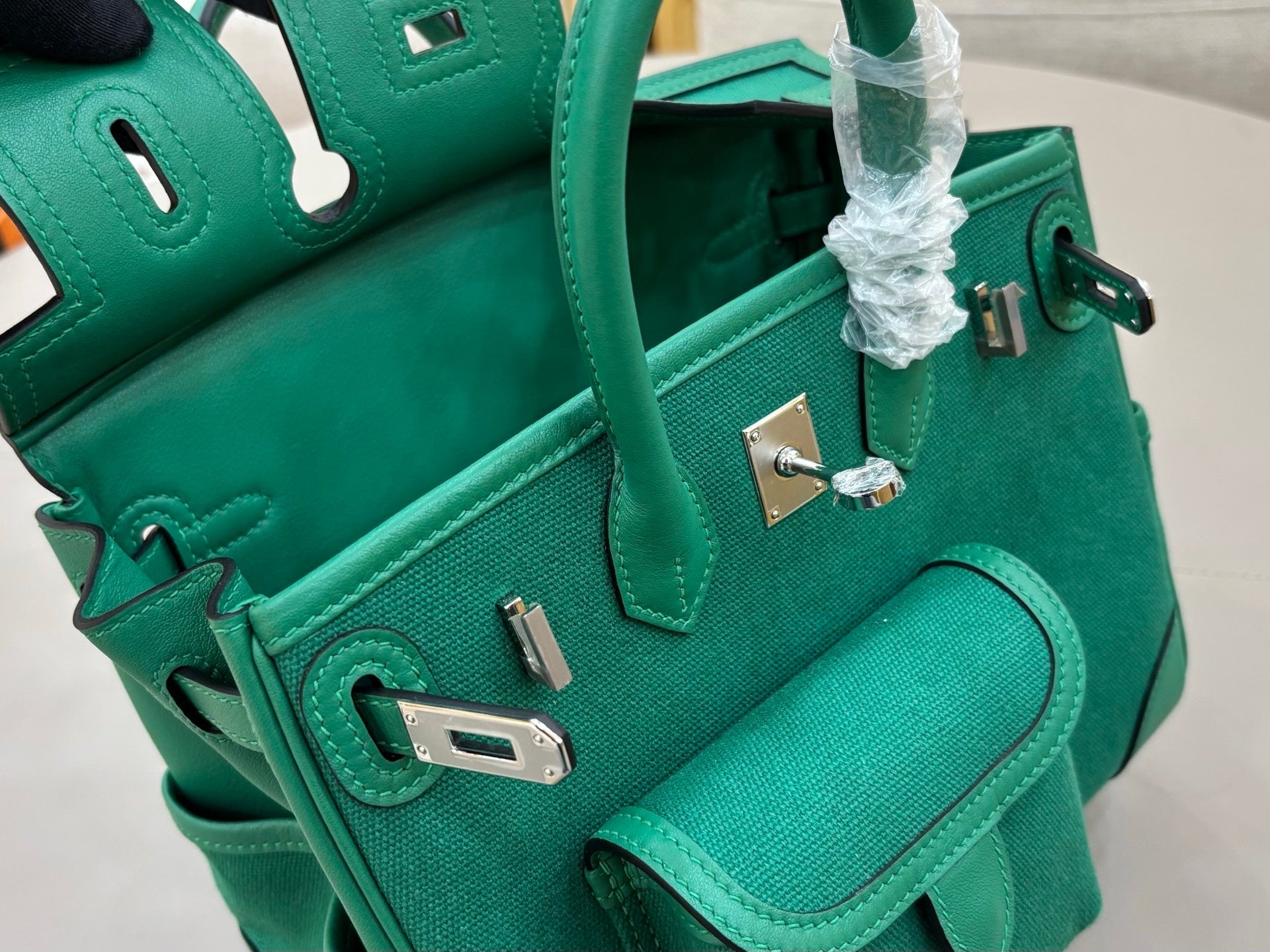 HM 25S BIRKIN CARGO 25 CM IN DARK JADE GREEN CANVAS AND SWIFT WITH SILVER HARDWARE
