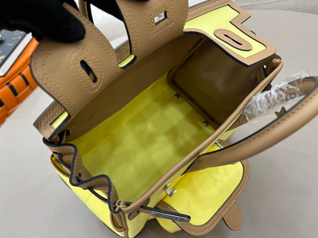 HM 25S BIRKIN CARGO 25 CM IN YELLOW CANVAS AND BROWN SWIFT WITH SILVER HARDWARE