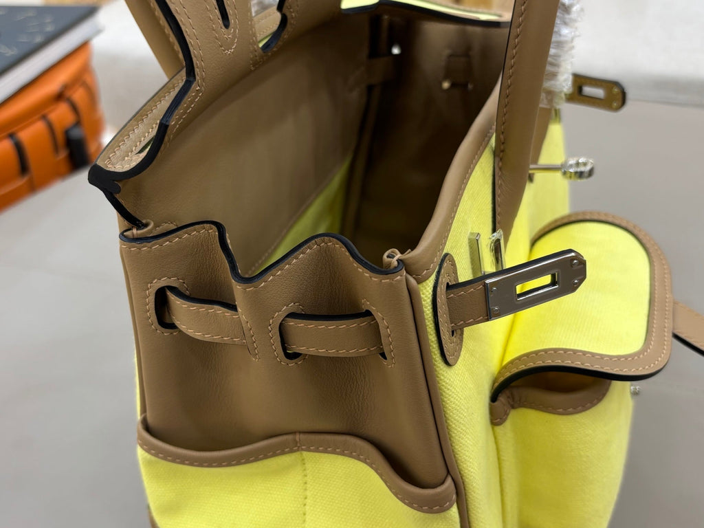 HM 25S BIRKIN CARGO 25 CM IN YELLOW CANVAS AND BROWN SWIFT WITH SILVER HARDWARE