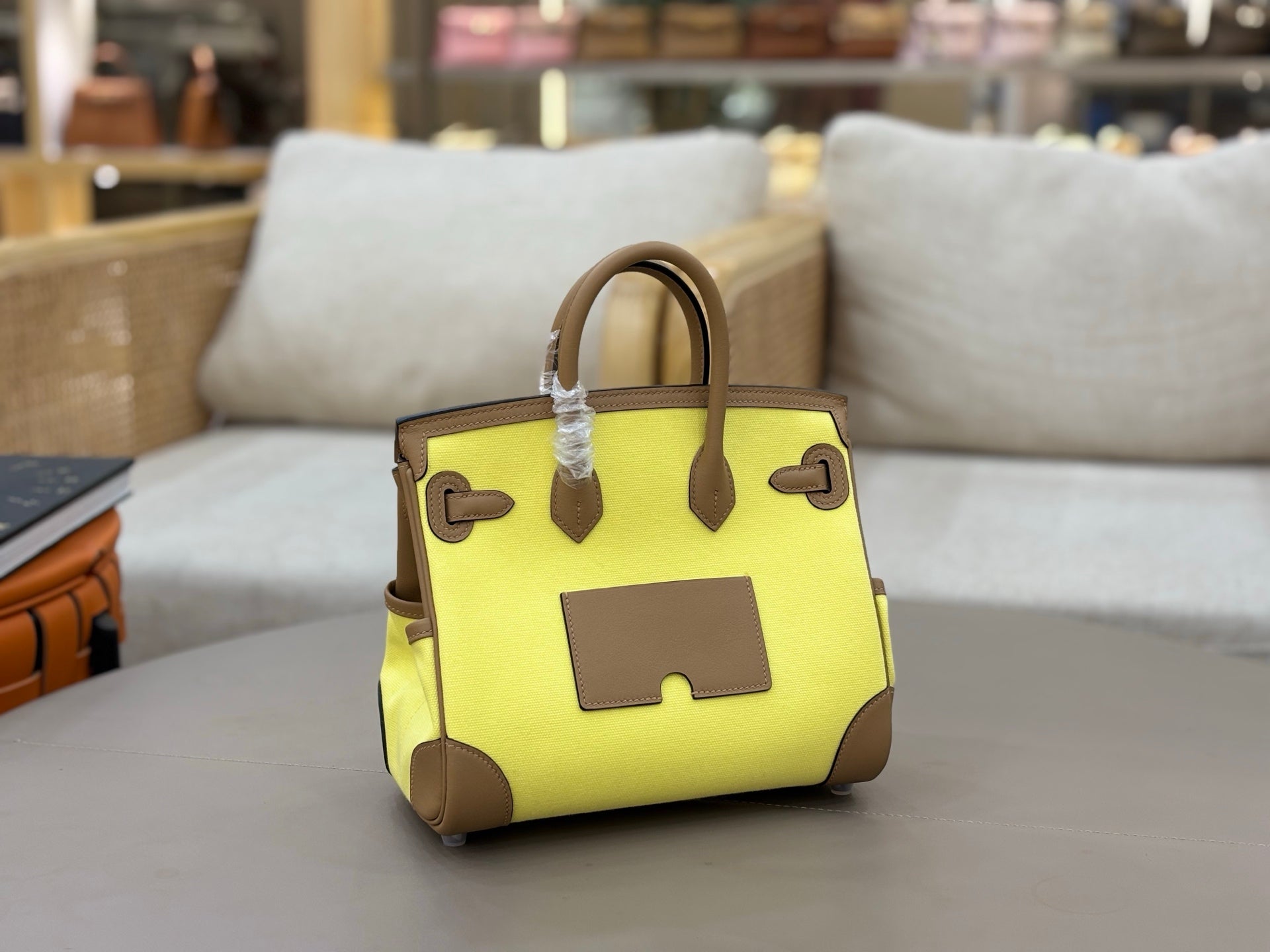 HM 25S BIRKIN CARGO 25 CM IN YELLOW CANVAS AND BROWN SWIFT WITH SILVER HARDWARE