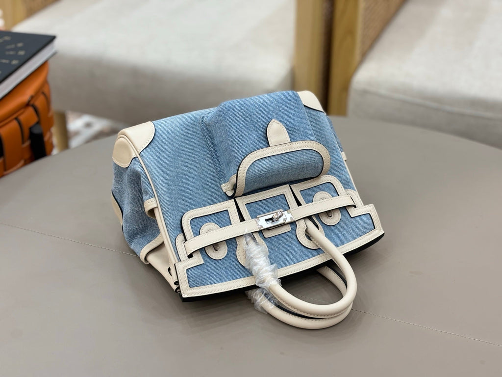 HM 25S BIRKIN CARGO 25 CM IN BLUE DENIM AND CREAM WHITE SWIFT WITH SILVER HARDWARE