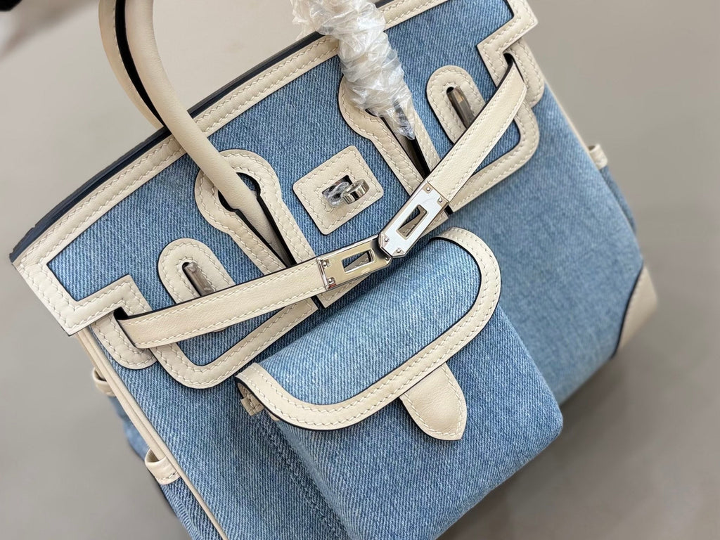 HM 25S BIRKIN CARGO 25 CM IN BLUE DENIM AND CREAM WHITE SWIFT WITH SILVER HARDWARE