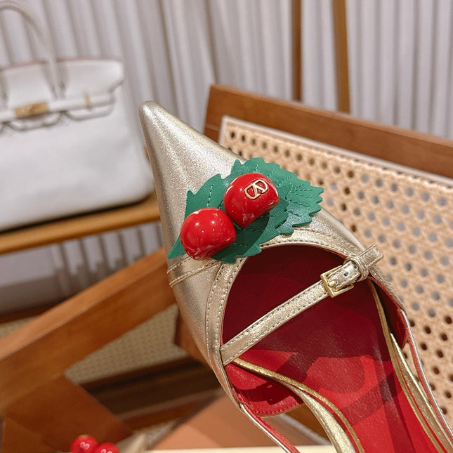 VALENTINO 26S SLINGBACKS 45 MM IN LIGHT GOLD CALFSKIN CHERRY DETAILS