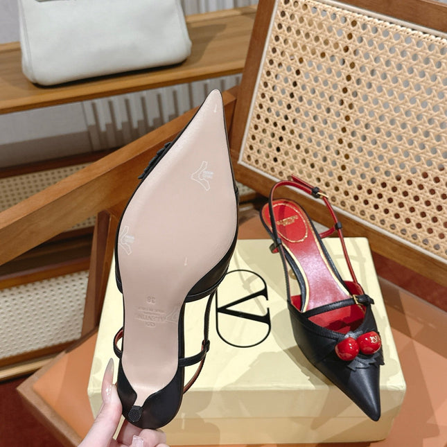 VALENTINO 26S SLINGBACKS 45 MM IN BLACK CALFSKIN CHERRY DETAILS