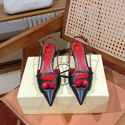 VALENTINO 26S SLINGBACKS 45 MM IN BLACK CALFSKIN CHERRY DETAILS