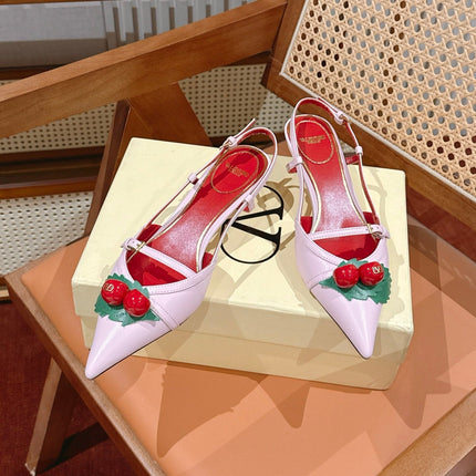 VALENTINO 26S SLINGBACKS 45 MM IN LIGHT PINK CALFSKIN CHERRY DETAILS