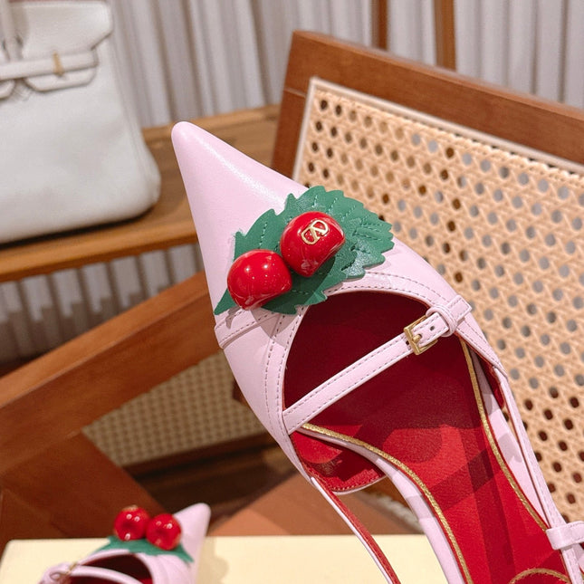 VALENTINO 26S SLINGBACKS 45 MM IN LIGHT PINK CALFSKIN CHERRY DETAILS
