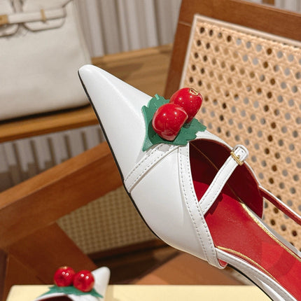 VALENTINO 26S SLINGBACKS 45 MM IN WHITE CALFSKIN CHERRY DETAILS